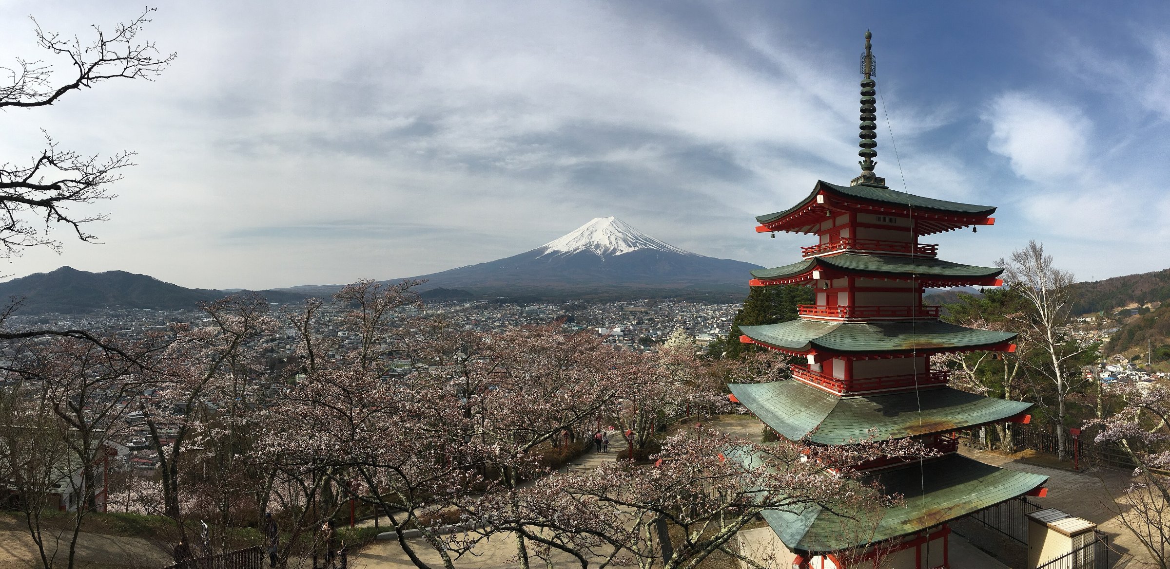 Mount Fuji and the Chureito Pagoda framed by cherry blossom