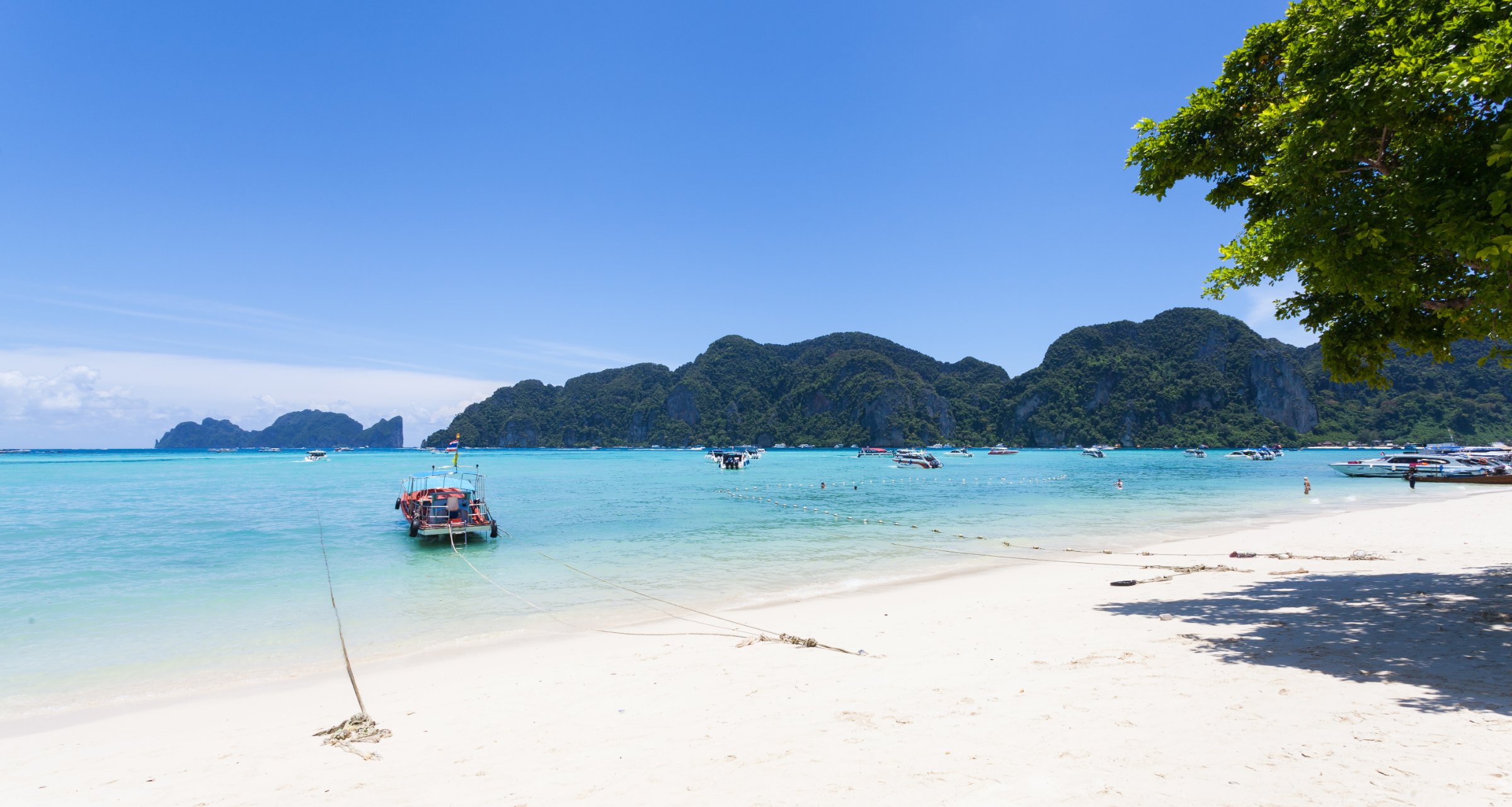 Phi Phi island beach with longtail boat and karst cliffs